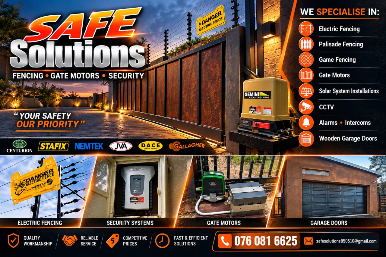 Safe Solutions — Fencing, Gate Motors, Security. We specialise in electric fencing, palisade fencing, game fencing, gate motors, solar system installations, CCTV, alarms, intercoms and wooden garage doors. Call 076 081 6625 or email safesolutions850510@gmail.com.